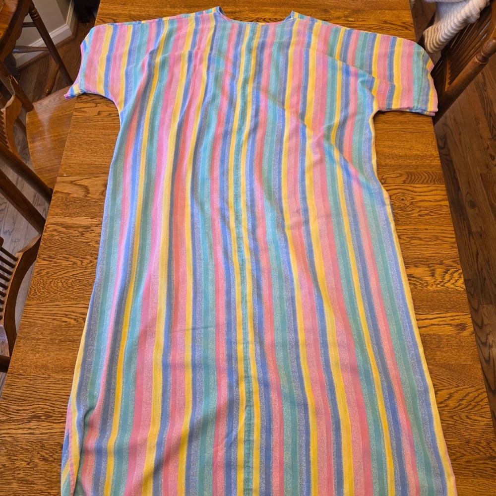 Womens Vintage Pastel Rainbow‎ Stripe Nightgown Dress Caftan House Dress Lounger - Picture 8 of 10